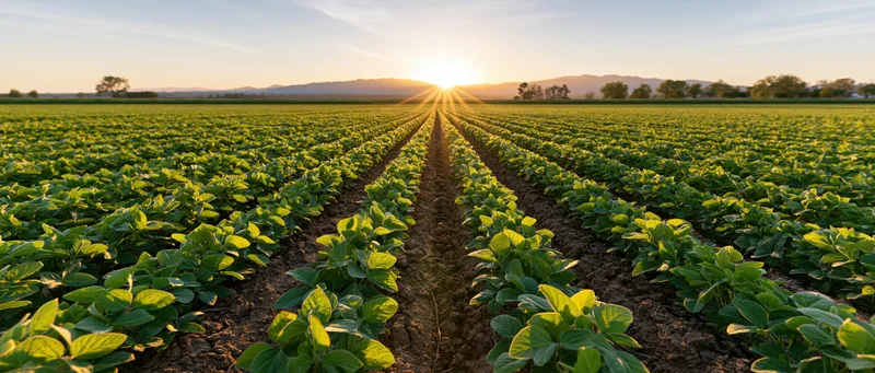 Soybean field with neat rows stretching toward the horizon at sunset
