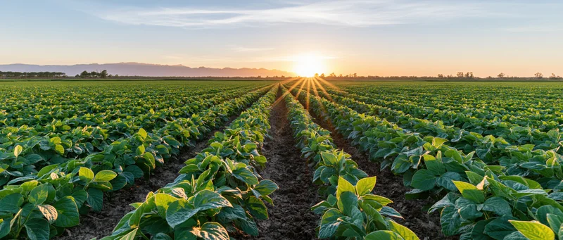 Soybean plants growing in neat rows across a vast field at sunset