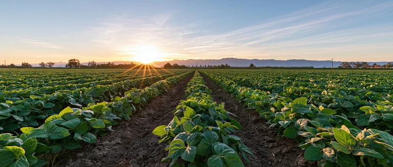 Soybean field with neat rows stretching toward the horizon at sunset