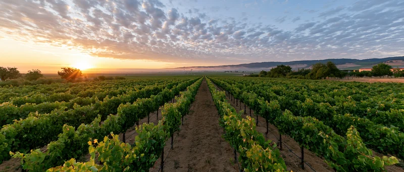 Symmetrical rows of grapevines stretching toward the horizon at sunset in a vast vineyard