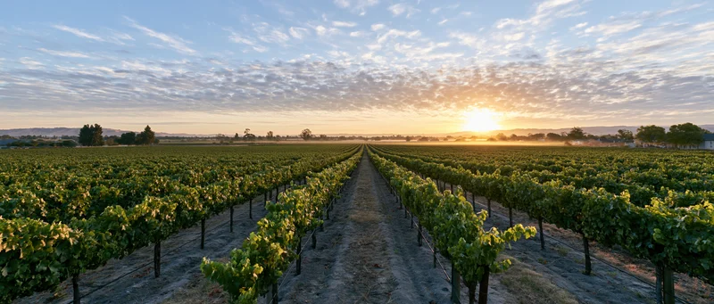 Symmetrical rows of grapevines stretching to the horizon at sunset in a vast vineyard
