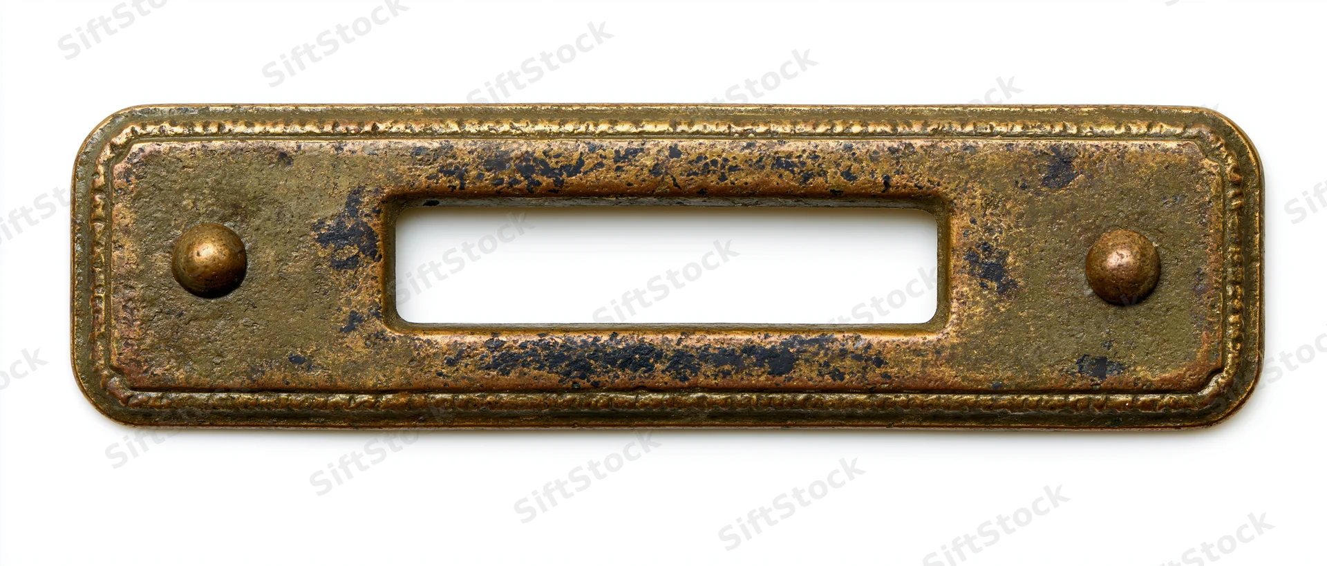 Vintage brass label holder plate with open rectangular window isolated on white