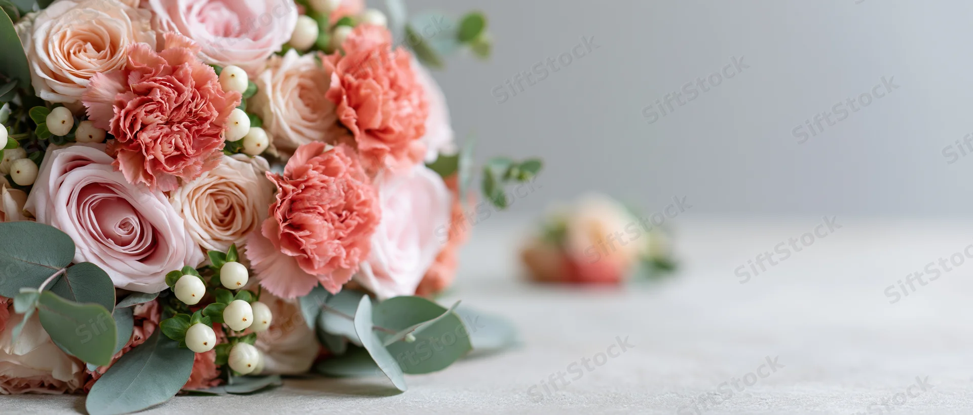 Wedding bouquet of pink roses and coral carnations with white berries and eucalyptus on a light surface