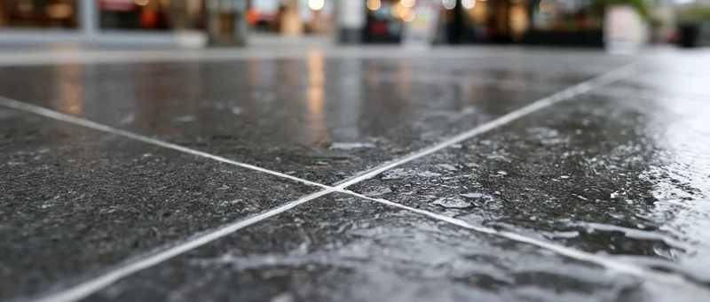 Wet dark stone floor tiles with white grout lines viewed from ground level in a store interior