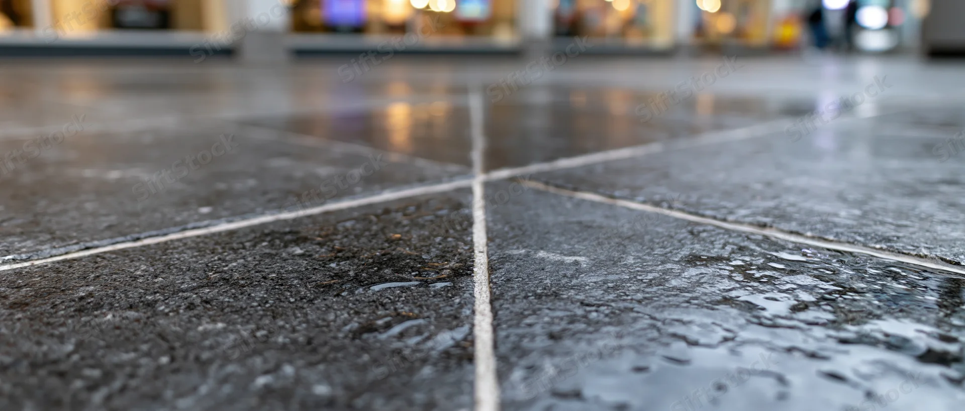 Wet dark stone floor tiles with visible grout lines at ground level in an urban outdoor setting