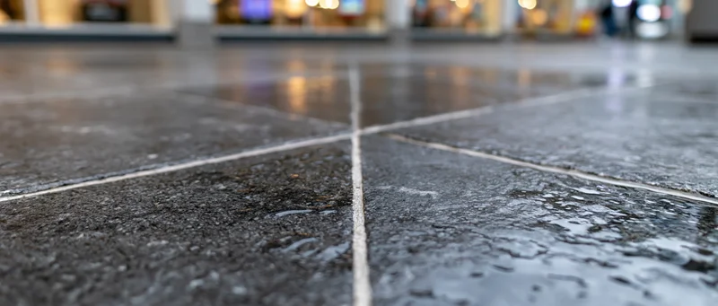 Wet dark stone floor tiles with visible grout lines at ground level in an urban outdoor setting