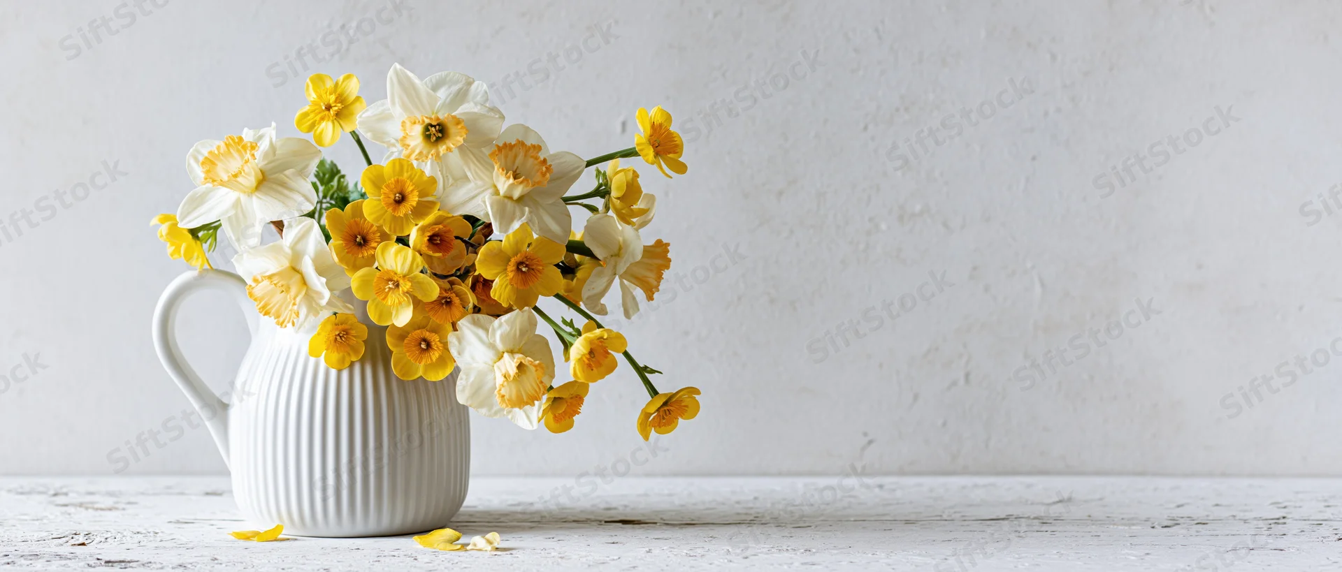 White ceramic ribbed pitcher holding a loose bouquet of yellow and white daffodils on a textured white surface against a plain wall
