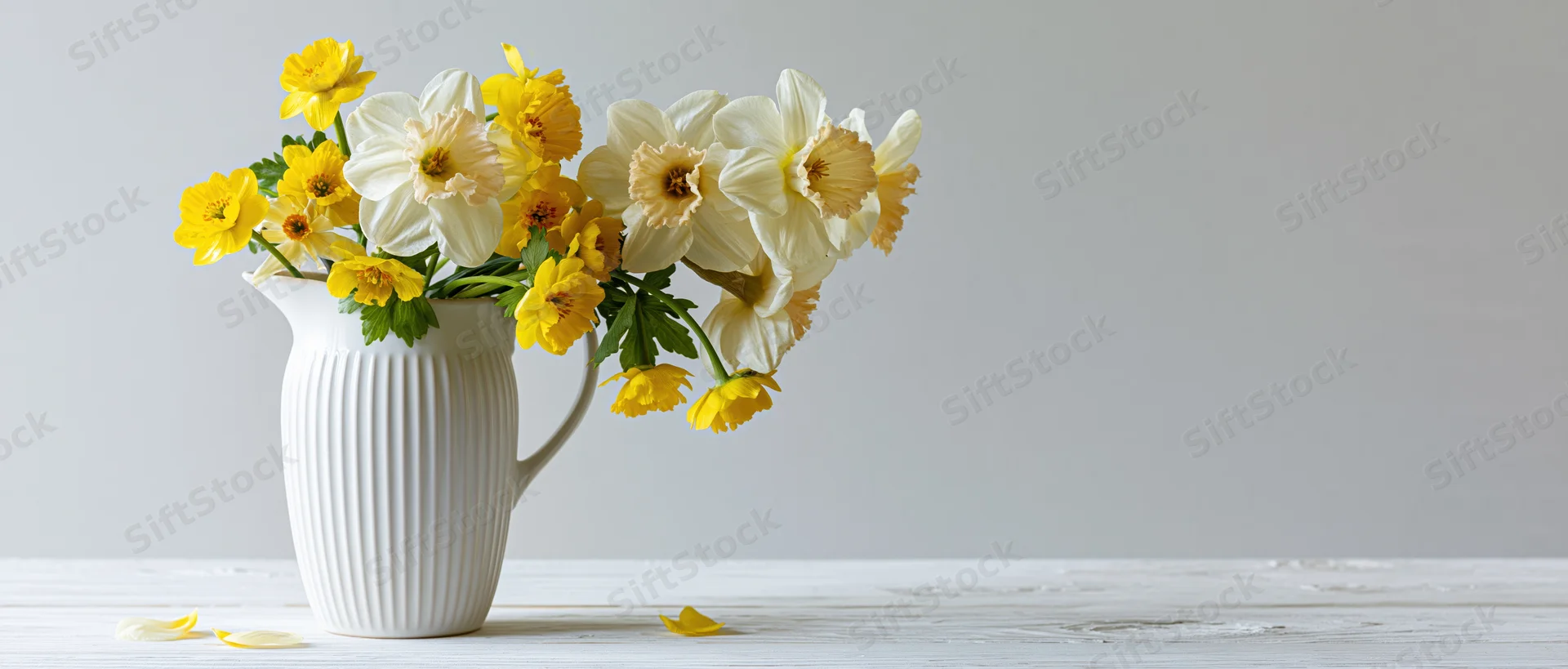 White ribbed ceramic pitcher holding a bouquet of yellow and white daffodils on a light wooden table