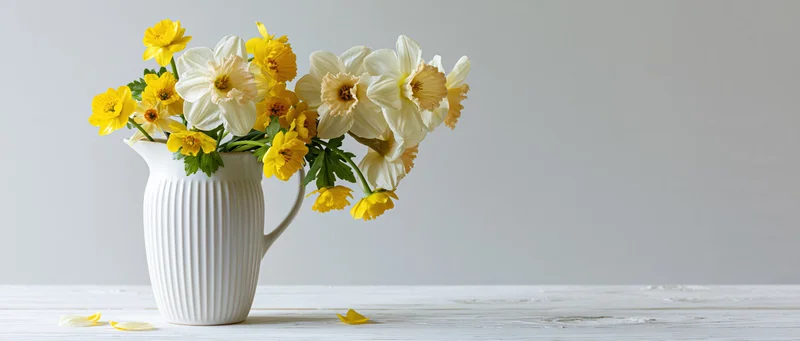 White ribbed ceramic pitcher holding a bouquet of yellow and white daffodils on a light wooden table