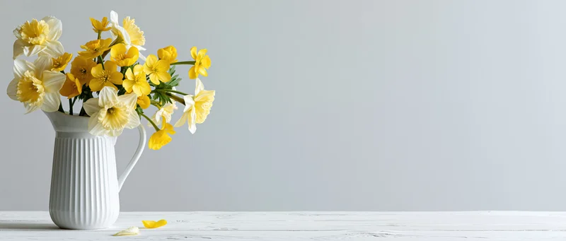 Yellow and white flowers in a white ribbed ceramic pitcher on a light wooden table
