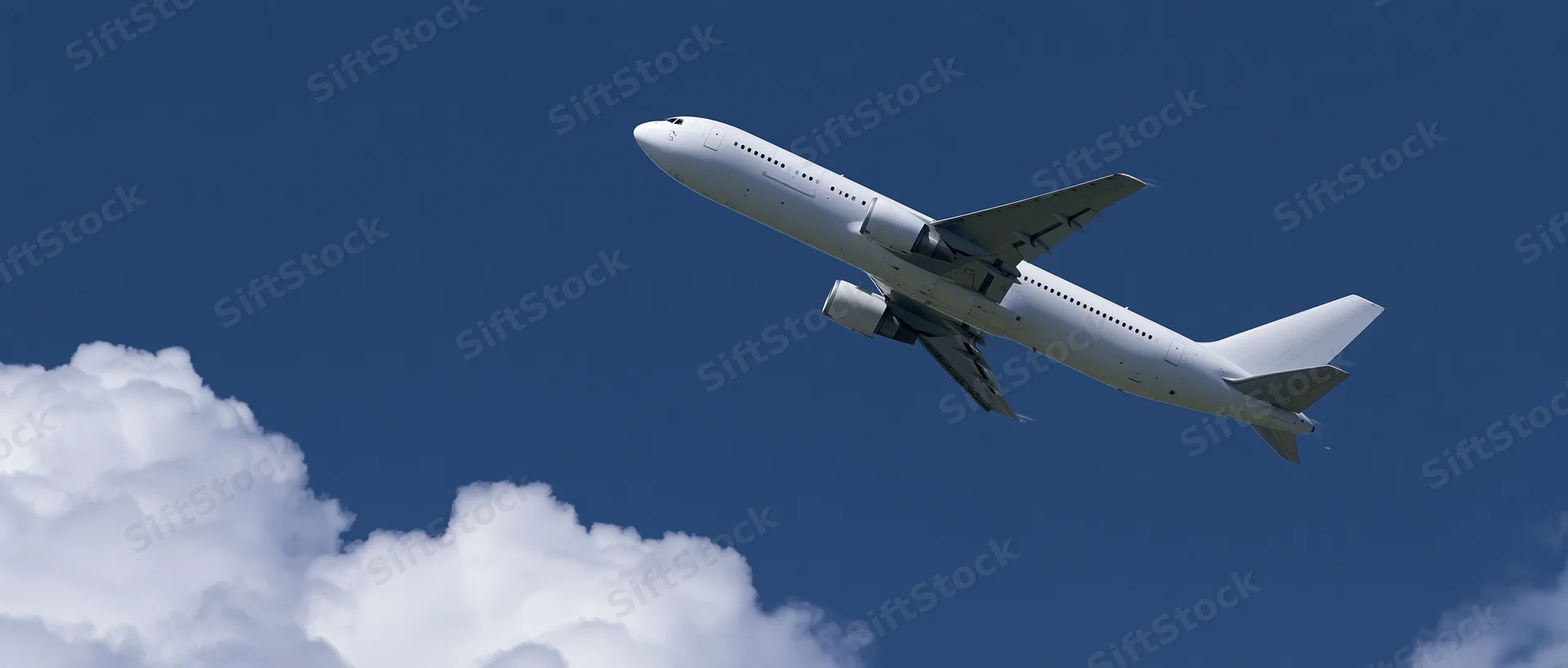 White commercial passenger jet climbing in blue sky with clouds below