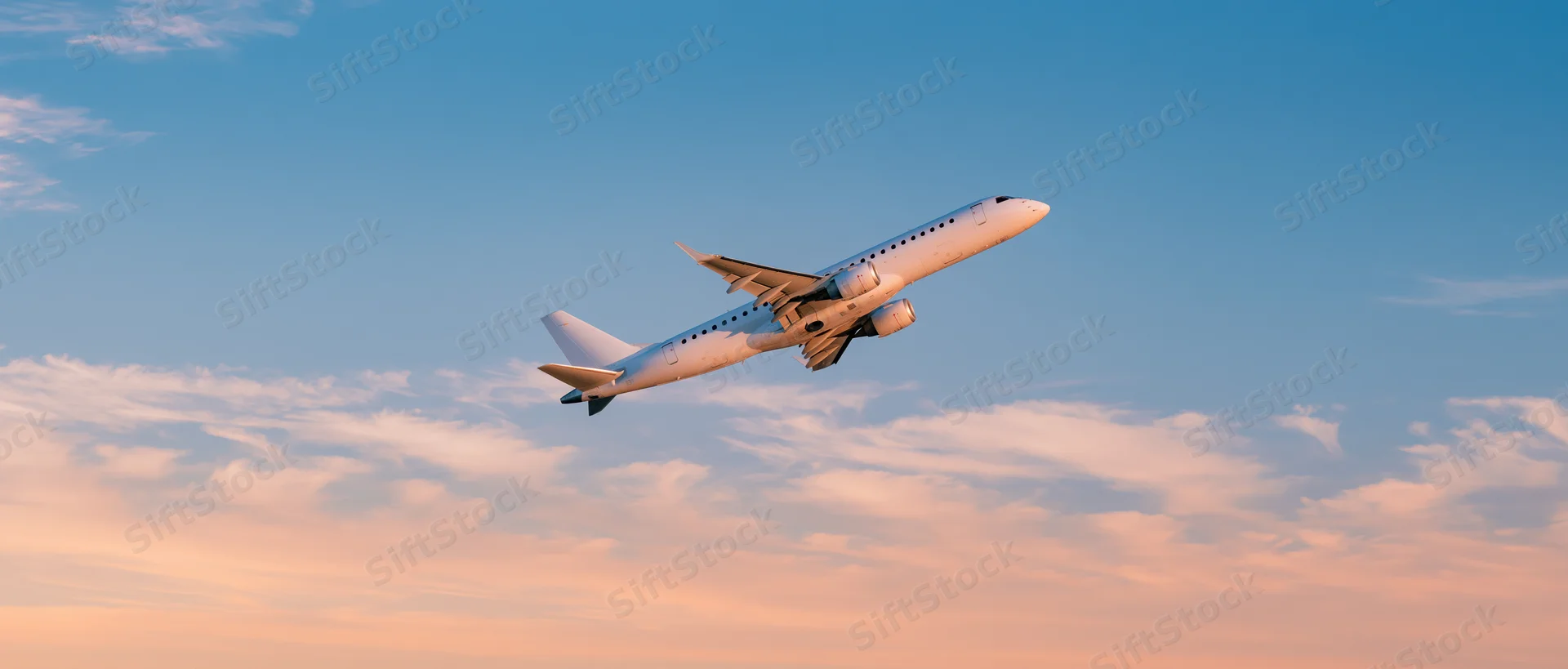 White commercial passenger jet climbing through open sky at sunset