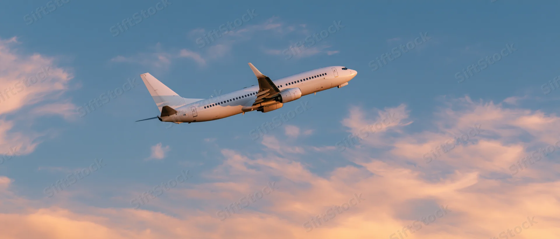 White commercial passenger jet climbing through open sky at sunset