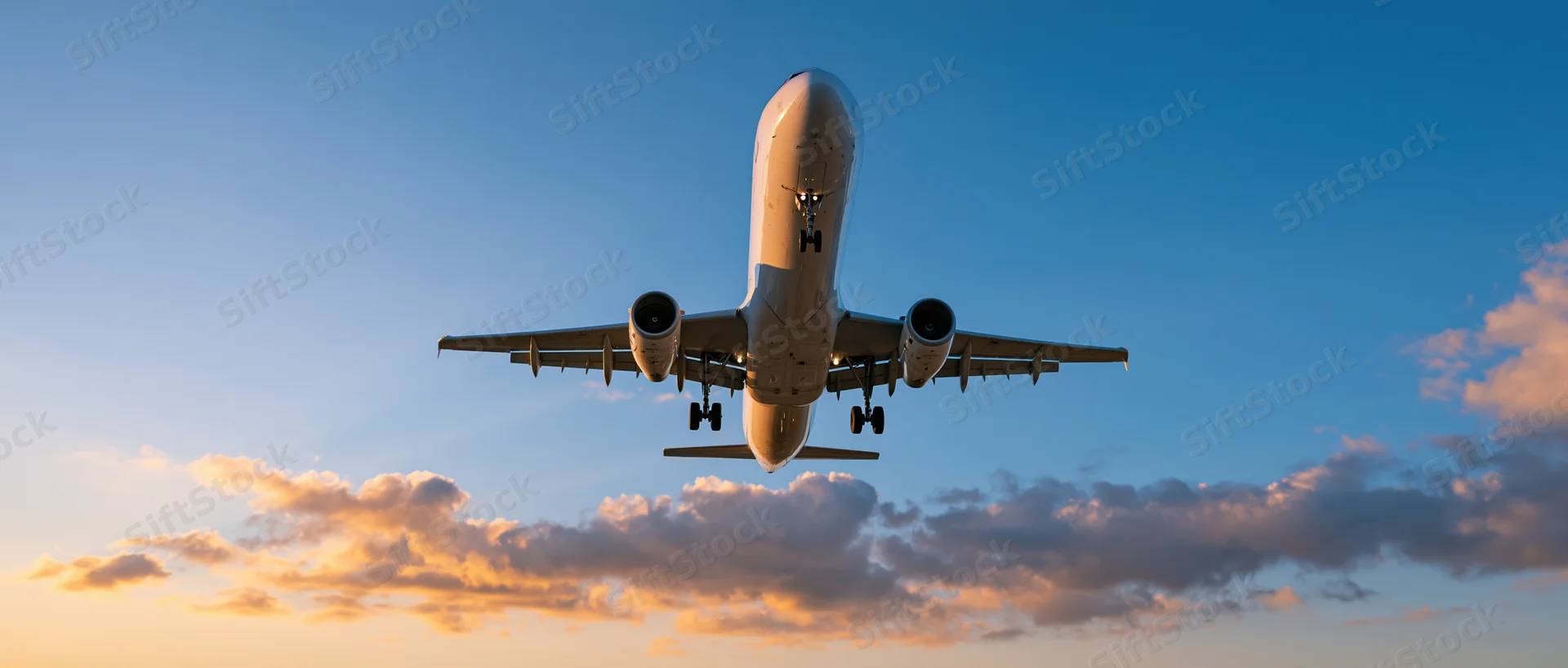 White commercial passenger jet flying overhead with landing gear down against sunset sky