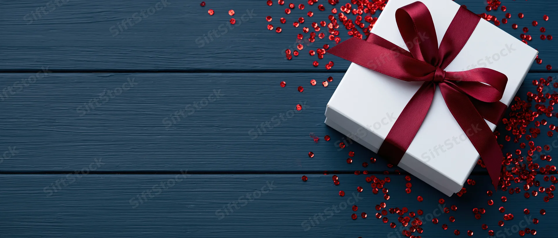 White gift box with red satin ribbon and bow on dark blue wooden surface surrounded by red confetti