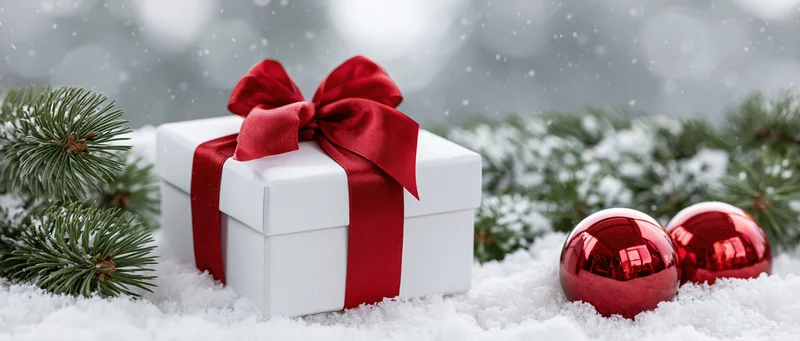 White gift box with red satin ribbon and bow resting in snow beside pine branches and red ornaments