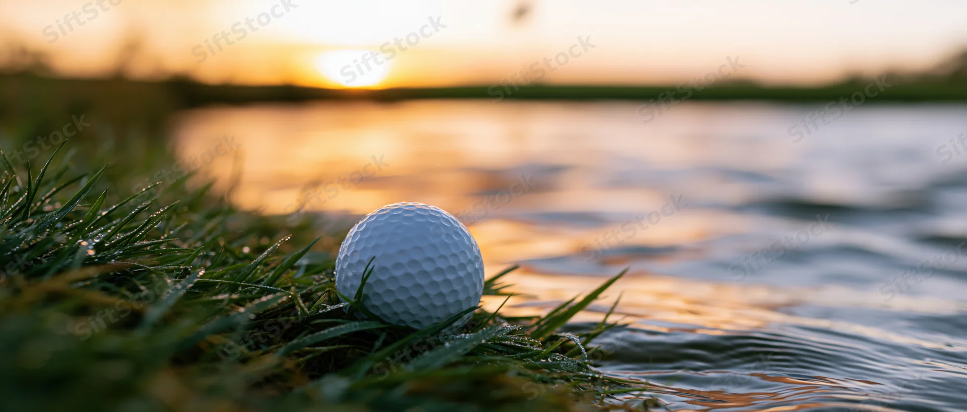 Golf ball resting at the grassy edge of a water hazard at sunset