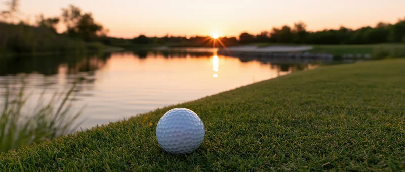 Golf ball resting on fairway grass beside a lake at sunset