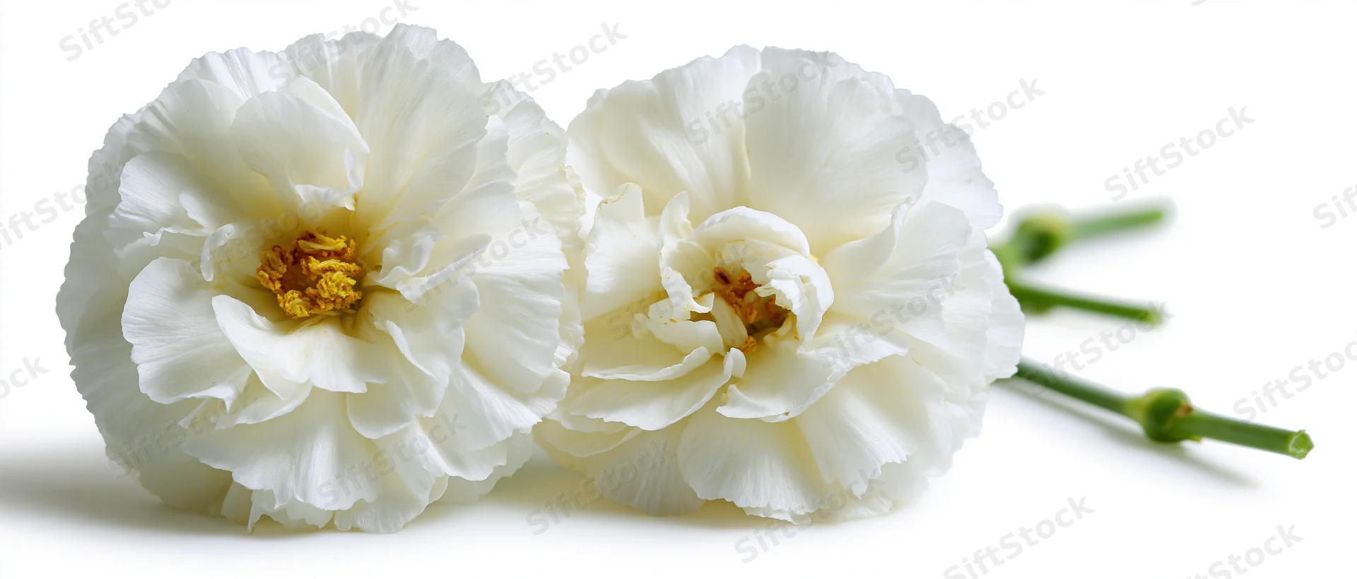Two white moss rose flowers with green stems lying side by side on a pure white background