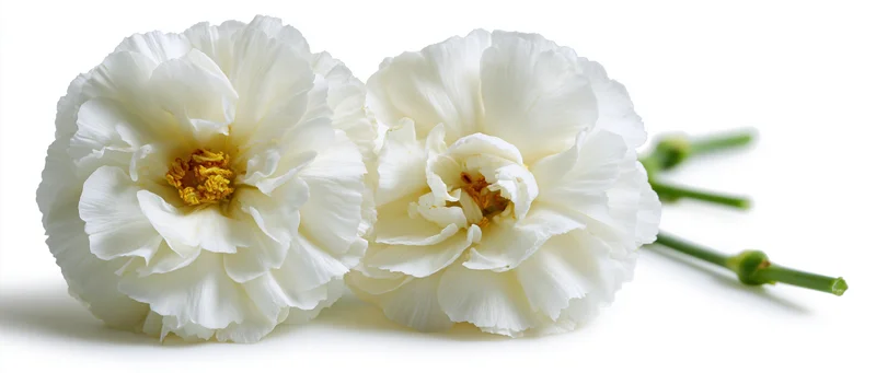 Two white moss rose flowers with green stems lying side by side on a pure white background