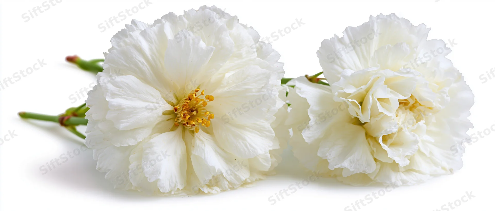White moss rose flowers with ruffled petals and green stems arranged on a pure white background