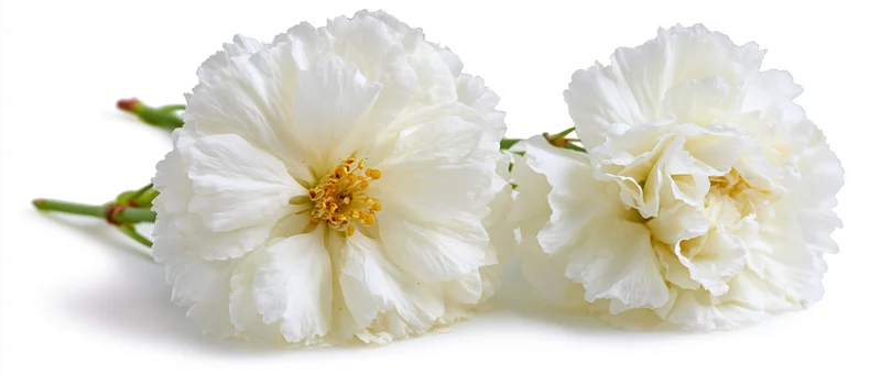 White moss rose flowers with ruffled petals and green stems arranged on a pure white background