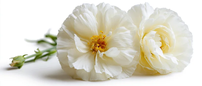 Two white moss roses with a bud on a plain white surface