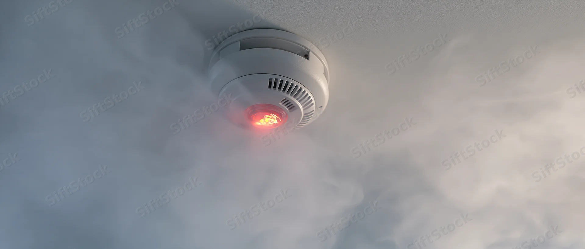 Smoke detector mounted on ceiling with red light flashing in smoke-filled room