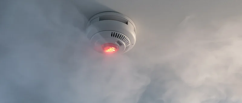 Smoke detector mounted on ceiling with red light flashing in smoke-filled room