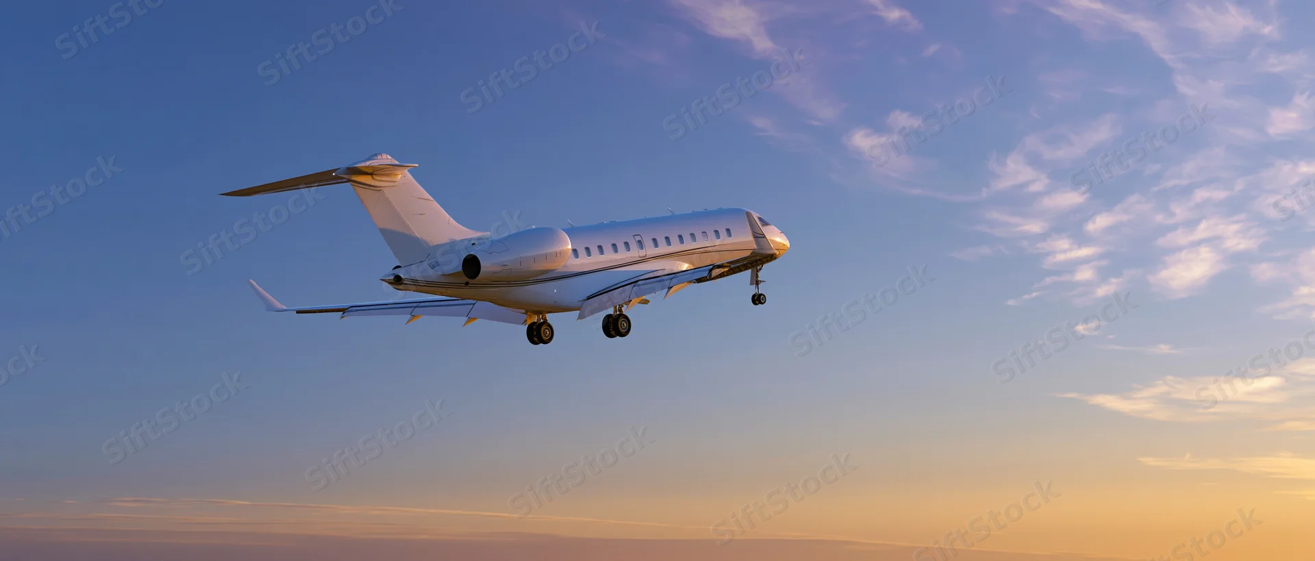 White private jet with landing gear down flying against sunset sky
