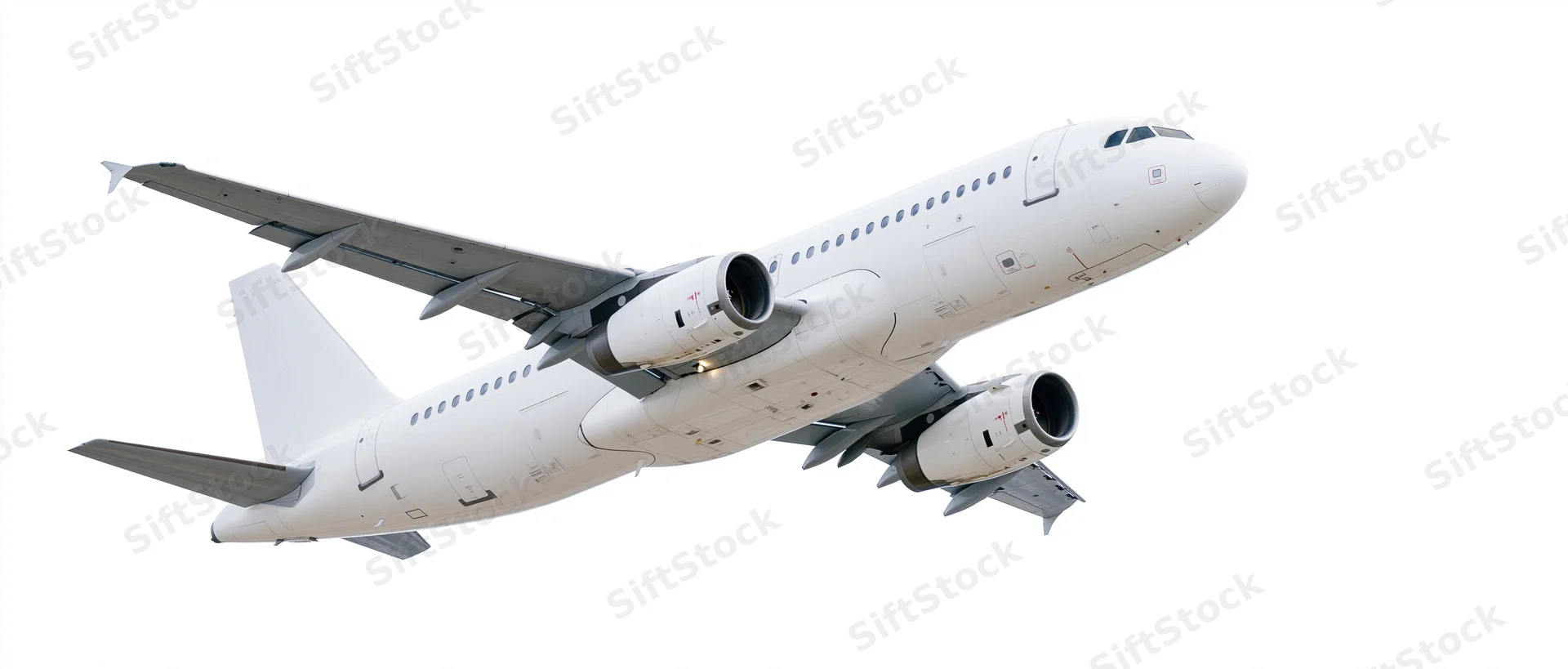 White unmarked commercial passenger jet climbing in midair against plain background
