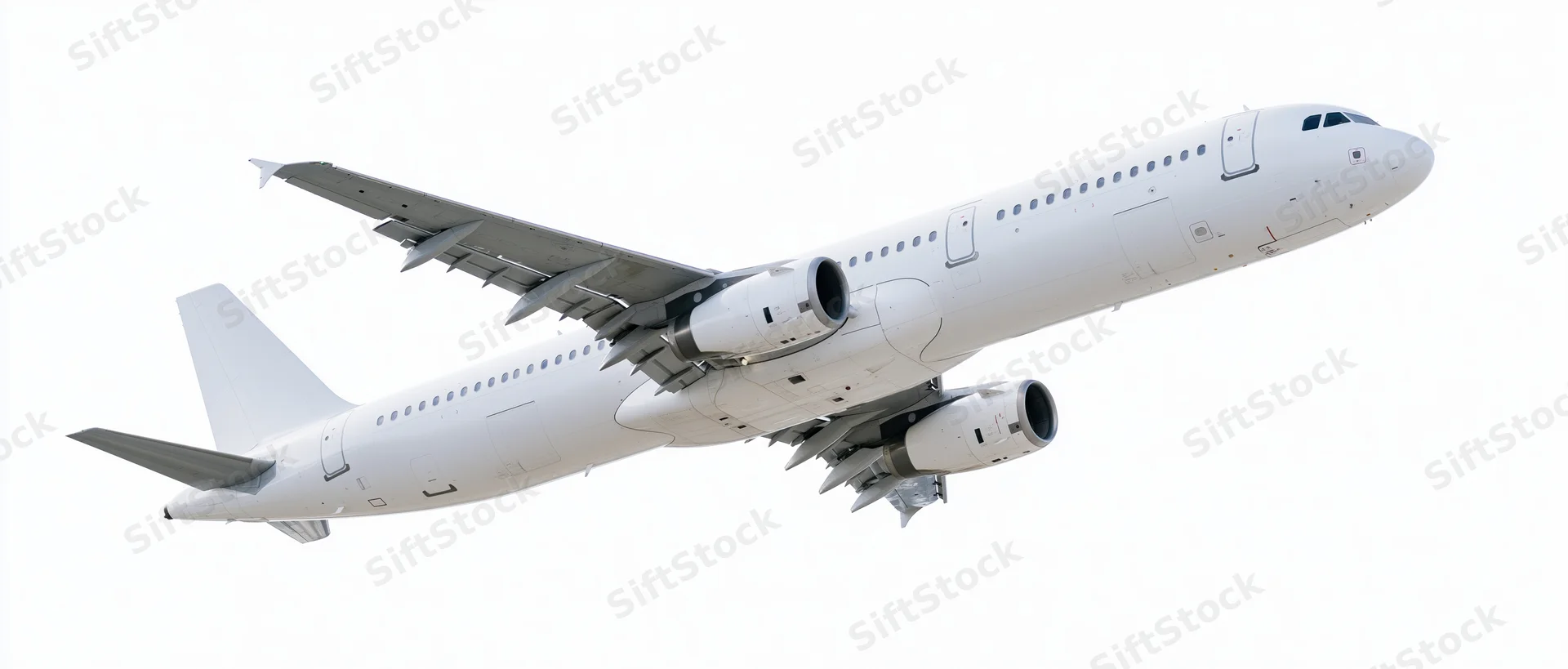 White unmarked commercial passenger jet in mid-flight climbing with landing gear retracting against clear sky