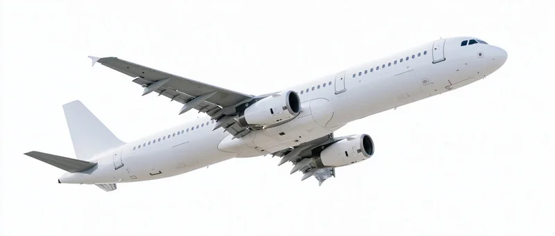 White unmarked commercial passenger jet in mid-flight climbing with landing gear retracting against clear sky