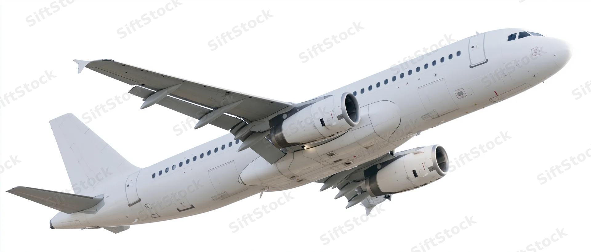 White unmarked commercial passenger jet climbing in midair against plain background