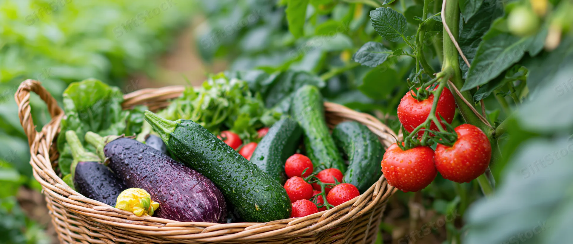 Wicker basket filled with fresh garden vegetables including tomatoes cucumbers and eggplants in a green outdoor garden setting