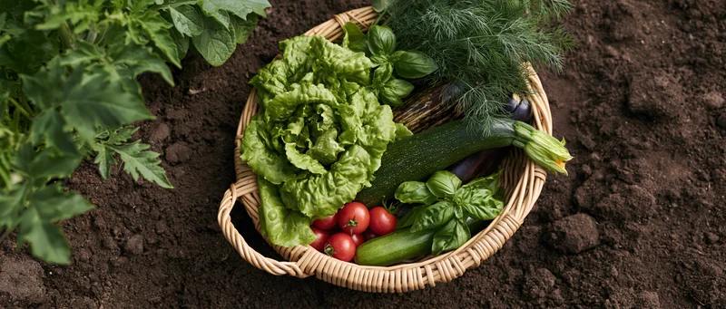 Wicker basket filled with freshly harvested vegetables resting on garden soil