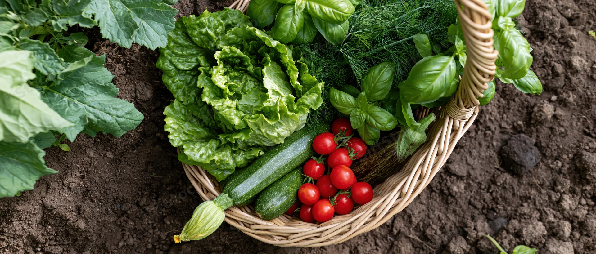 Wicker basket filled with fresh garden vegetables resting on soil