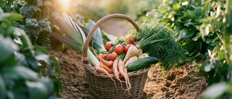 Wicker basket filled with freshly harvested vegetables in a garden bed