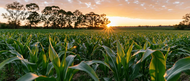 Young corn plants growing in a field at sunset with trees on the horizon
