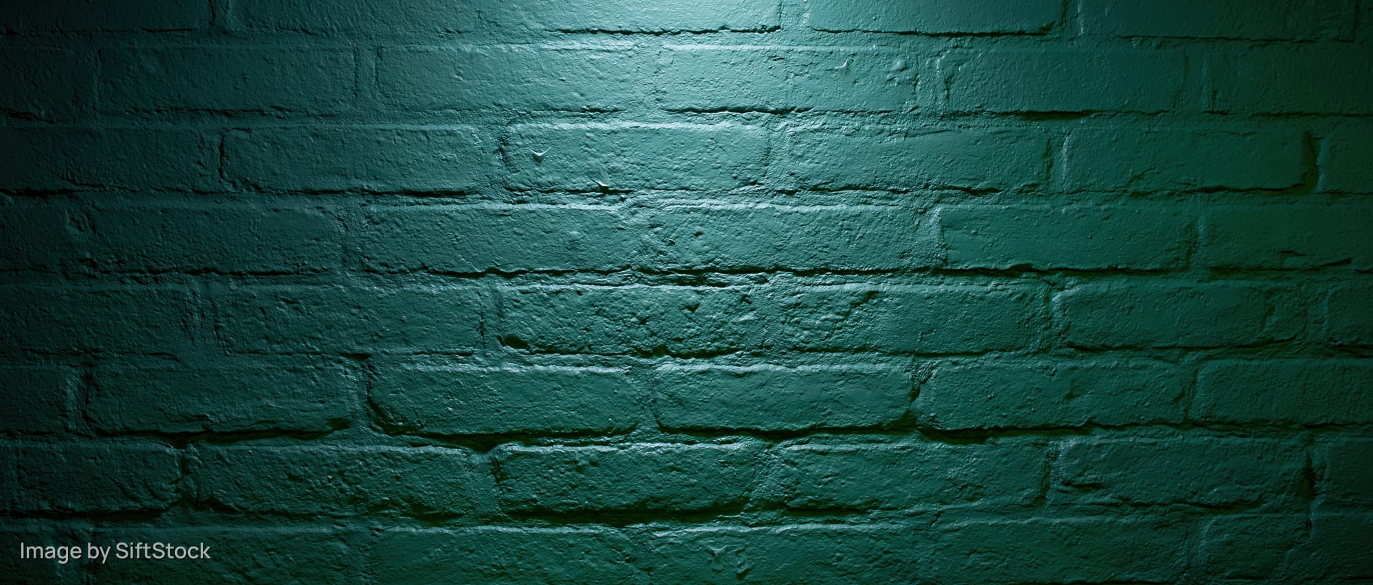Painted brick wall filling the frame with green texture and spotlight lighting