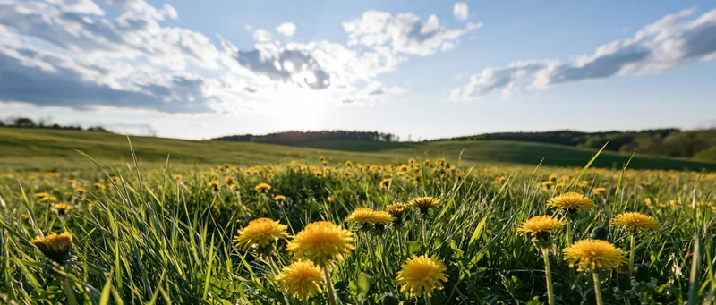 Dandelions blooming in a grassy meadow under a partly cloudy sky
