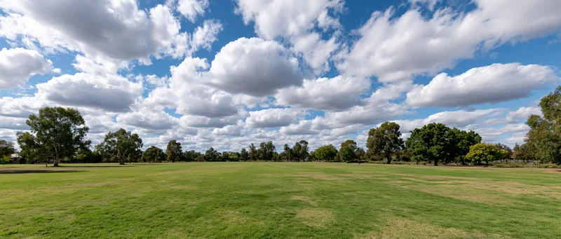 Wide open park with mown grass stretching to a tree-lined horizon under a blue sky with scattered white clouds