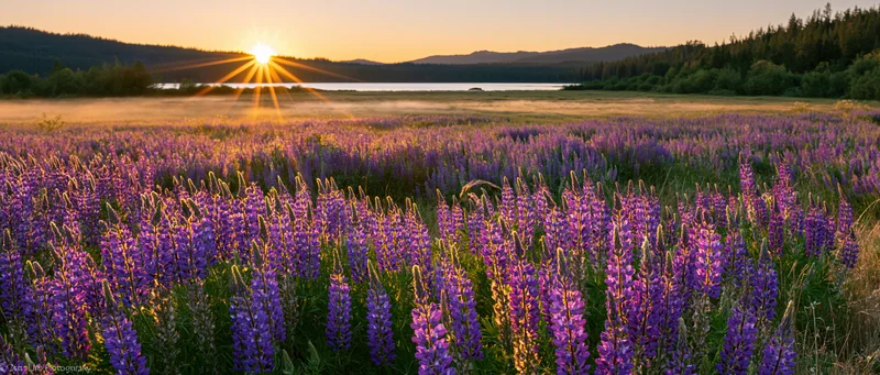 Wide field of blooming purple lupine flowers at sunset with mountains and lake in the distance