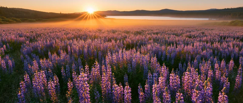 Wide field of blooming purple lupine flowers at sunrise with mountains and lake in the distance