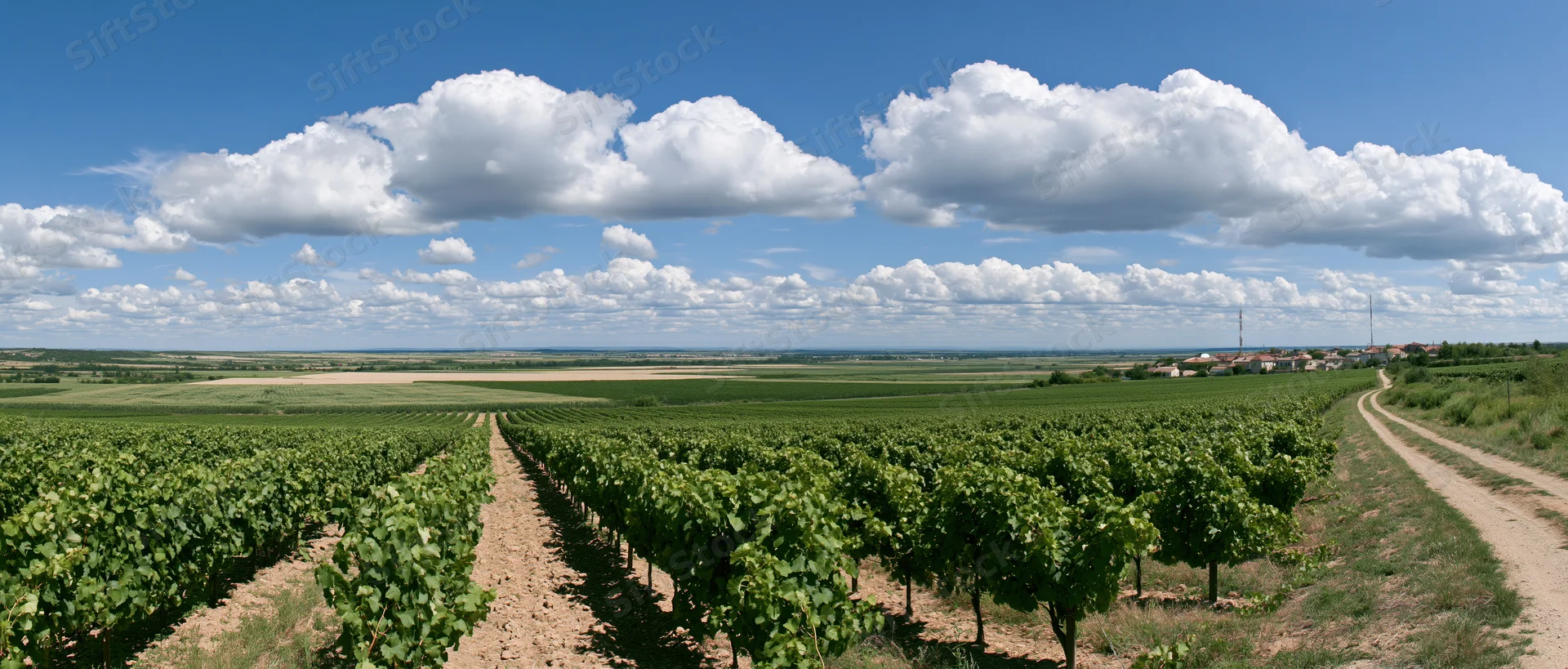 Rows of grapevines stretching across a green vineyard under a blue sky with white clouds