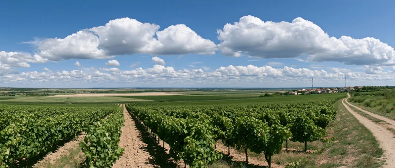 Rows of grapevines stretching across a green vineyard under a blue sky with white clouds