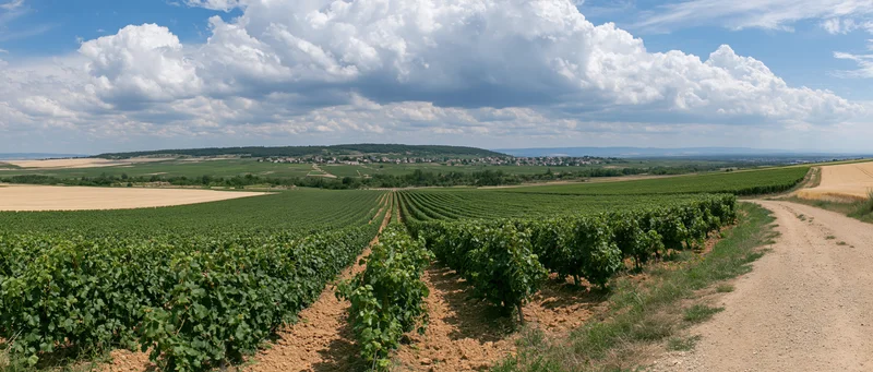 Rows of grapevines stretching across a rural landscape under a cloudy blue sky