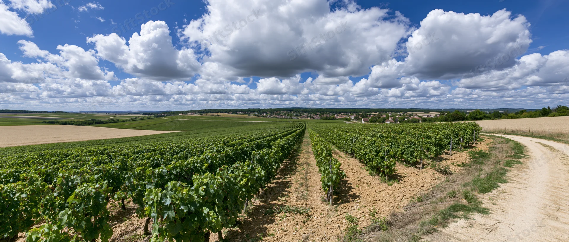 Rows of grapevines stretching across a vineyard under a blue sky with white clouds