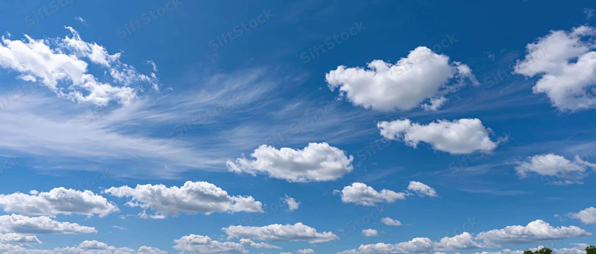 Wide panoramic view of a clear blue sky with scattered white clouds
