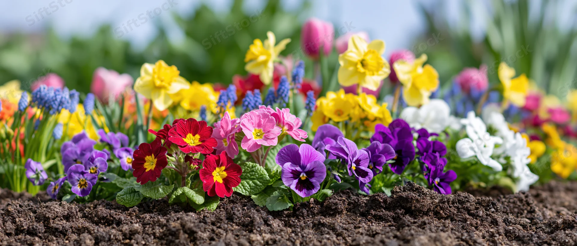 Colorful spring flowers blooming in a garden border with rich soil